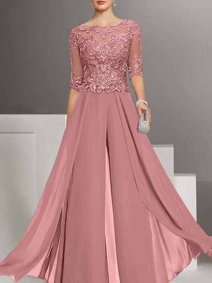Tailleur-Pantalon en Mousseline de Soie à Col Bijou et Manches Mi-Longues avec Dentelle pour Mère de la Mariée