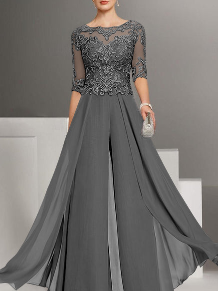 Tailleur-Pantalon en Mousseline de Soie à Col Bijou et Manches Mi-Longues avec Dentelle pour Mère de la Mariée