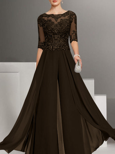 Tailleur-Pantalon en Mousseline de Soie à Col Bijou et Manches Mi-Longues avec Dentelle pour Mère de la Mariée