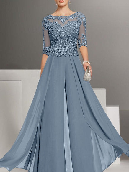 Tailleur-Pantalon en Mousseline de Soie à Col Bijou et Manches Mi-Longues avec Dentelle pour Mère de la Mariée