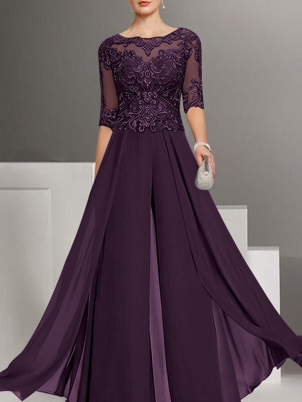 Tailleur-Pantalon en Mousseline de Soie à Col Bijou et Manches Mi-Longues avec Dentelle pour Mère de la Mariée