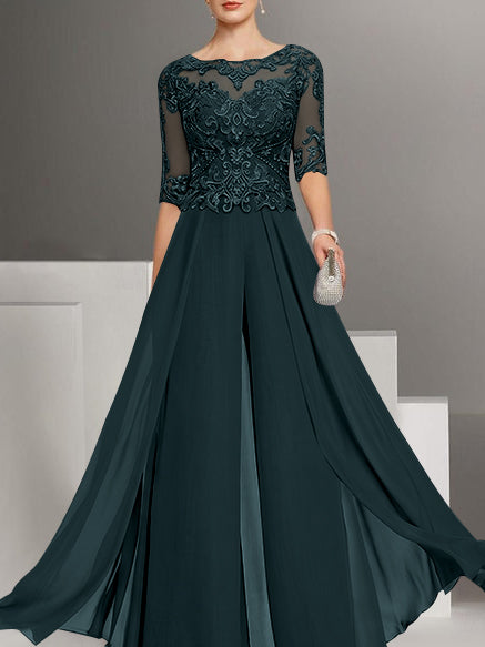 Tailleur-Pantalon en Mousseline de Soie à Col Bijou et Manches Mi-Longues avec Dentelle pour Mère de la Mariée