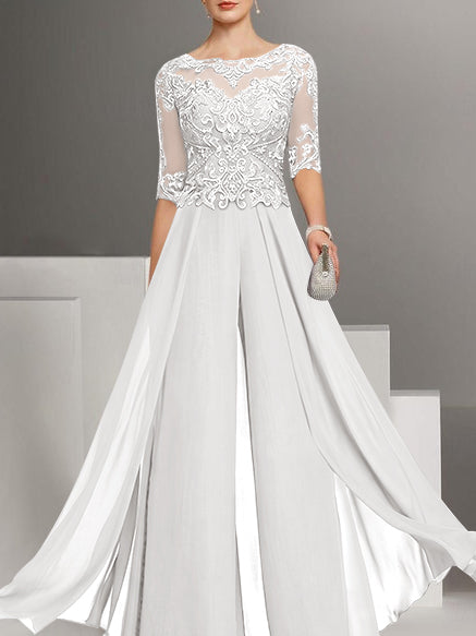 Tailleur-Pantalon en Mousseline de Soie à Col Bijou et Manches Mi-Longues avec Dentelle pour Mère de la Mariée