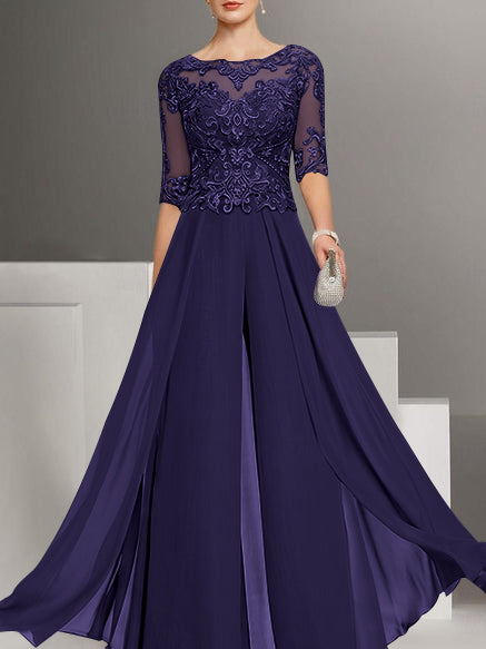 Tailleur-Pantalon en Mousseline de Soie à Col Bijou et Manches Mi-Longues avec Dentelle pour Mère de la Mariée