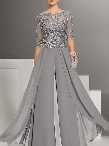 Tailleur-Pantalon en Mousseline de Soie à Col Bijou et Manches Mi-Longues avec Dentelle pour Mère de la Mariée