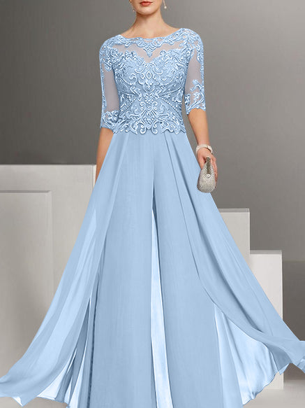 Tailleur-Pantalon en Mousseline de Soie à Col Bijou et Manches Mi-Longues avec Dentelle pour Mère de la Mariée