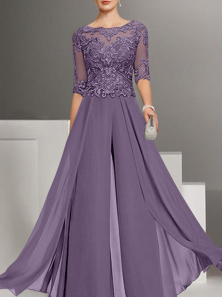 Tailleur-Pantalon en Mousseline de Soie à Col Bijou et Manches Mi-Longues avec Dentelle pour Mère de la Mariée