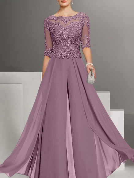 Tailleur-Pantalon en Mousseline de Soie à Col Bijou et Manches Mi-Longues avec Dentelle pour Mère de la Mariée