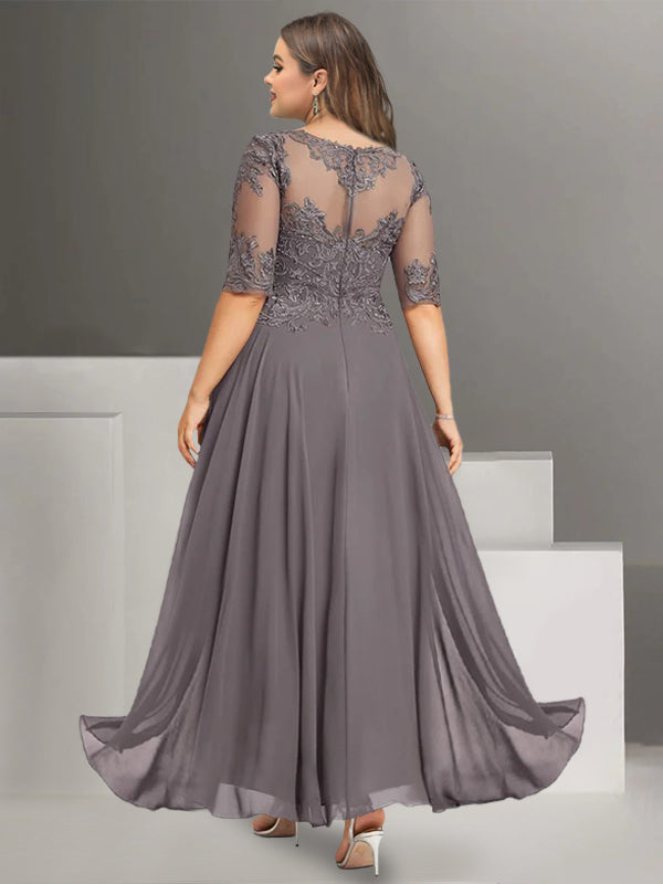 Tailleur-Pantalon en Mousseline de Soie à Col Bijou et Manches Mi-Longues avec Dentelle pour Mère de la Mariée