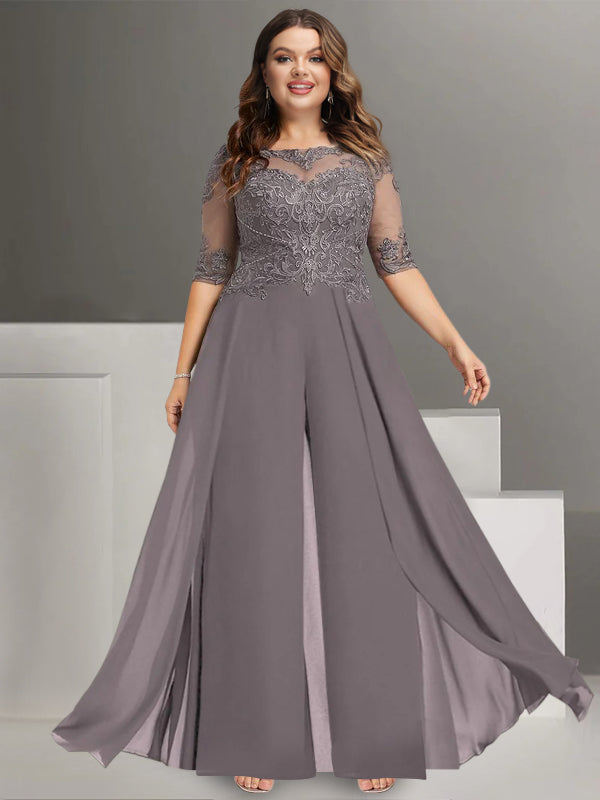 Tailleur-Pantalon en Mousseline de Soie à Col Bijou et Manches Mi-Longues avec Dentelle pour Mère de la Mariée