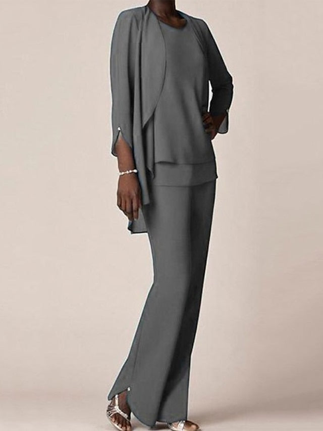 Ensemble pantalon mousseline col rond, manches longues, volants, longueur sol