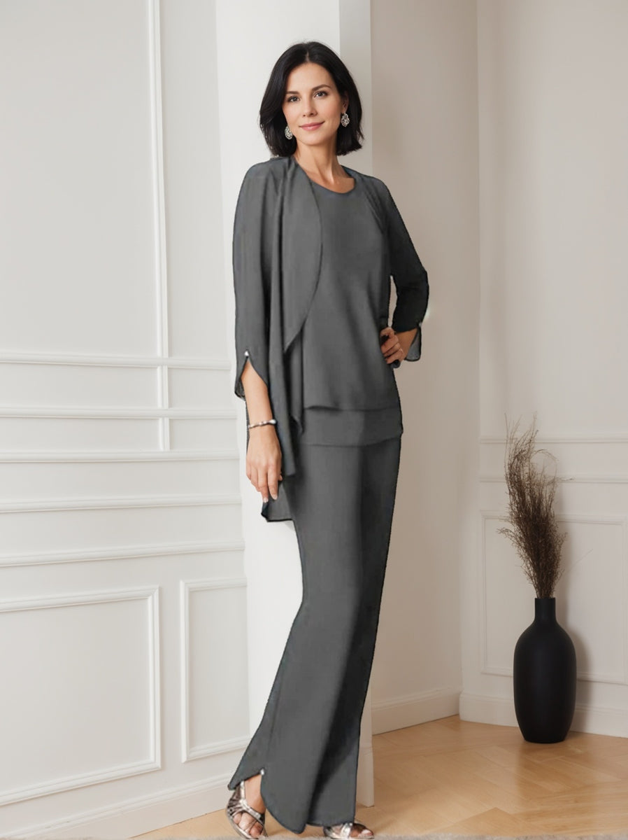 Ensemble pantalon mousseline col rond, manches longues, volants, longueur sol