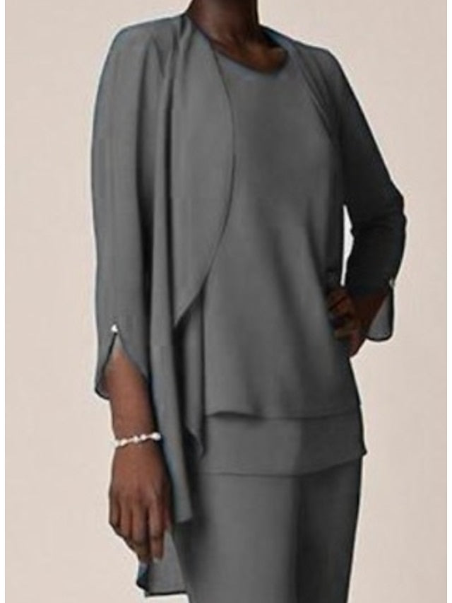 Ensemble pantalon mousseline col rond, manches longues, volants, longueur sol
