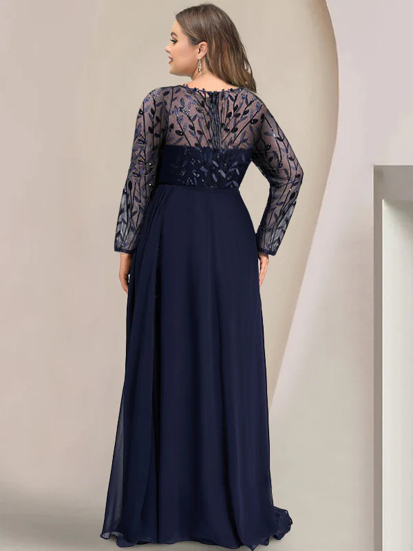 Robe de Mère de la Mariée Grande Taille, Coupe A-Line/Princess, Manches Longues, Longueur Au Sol, avec Fentes Latérales, Volants et Paillettes