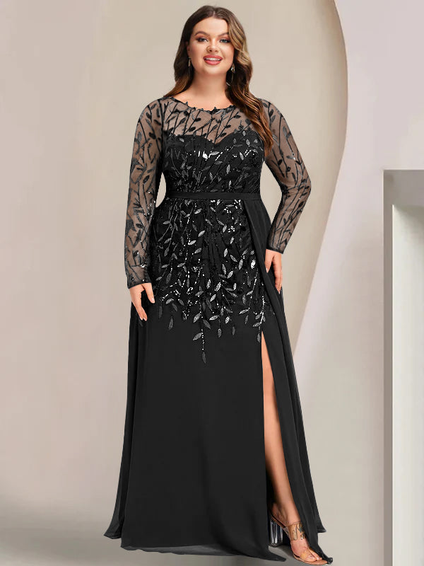 Robe de Mère de la Mariée Grande Taille, Coupe A-Line/Princess, Manches Longues, Longueur Au Sol, avec Fentes Latérales, Volants et Paillettes