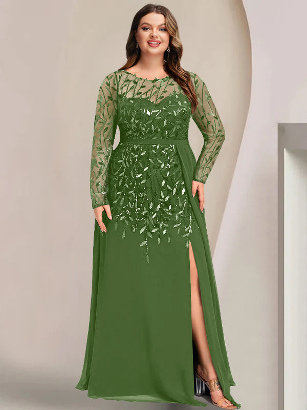 Robe de Mère de la Mariée Grande Taille, Coupe A-Line/Princess, Manches Longues, Longueur Au Sol, avec Fentes Latérales, Volants et Paillettes