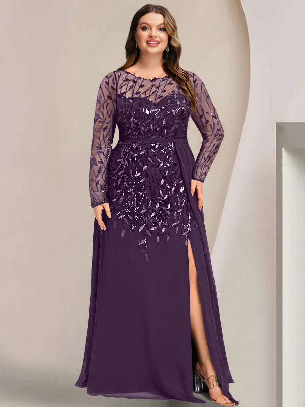 Robe de Mère de la Mariée Grande Taille, Coupe A-Line/Princess, Manches Longues, Longueur Au Sol, avec Fentes Latérales, Volants et Paillettes