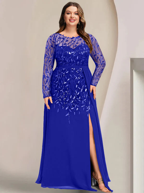 Robe de Mère de la Mariée Grande Taille, Coupe A-Line/Princess, Manches Longues, Longueur Au Sol, avec Fentes Latérales, Volants et Paillettes