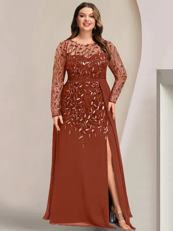 Robe de Mère de la Mariée Grande Taille, Coupe A-Line/Princess, Manches Longues, Longueur Au Sol, avec Fentes Latérales, Volants et Paillettes