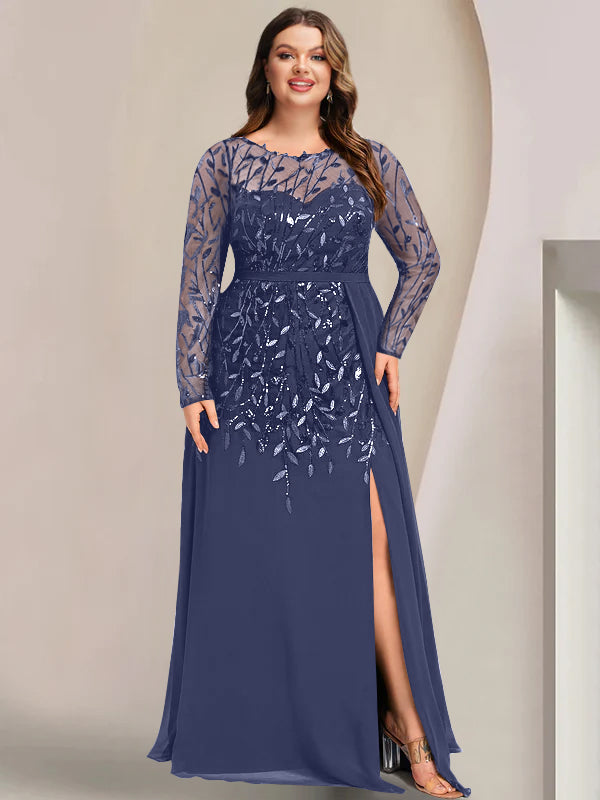 Robe de Mère de la Mariée Grande Taille, Coupe A-Line/Princess, Manches Longues, Longueur Au Sol, avec Fentes Latérales, Volants et Paillettes