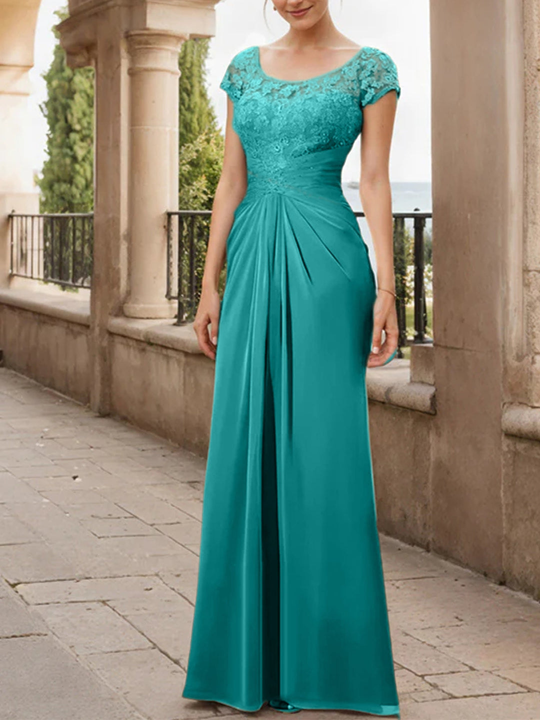 Robe de Mère de la Mariée en Mousseline de Soie, Longueur Au Sol, Fourreau/Colonne, avec Volants en Dentelle
