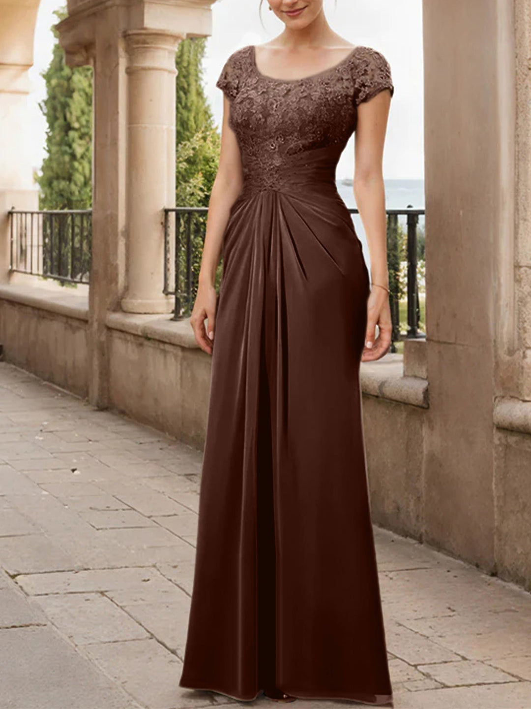 Robe de Mère de la Mariée en Mousseline de Soie, Longueur Au Sol, Fourreau/Colonne, avec Volants en Dentelle