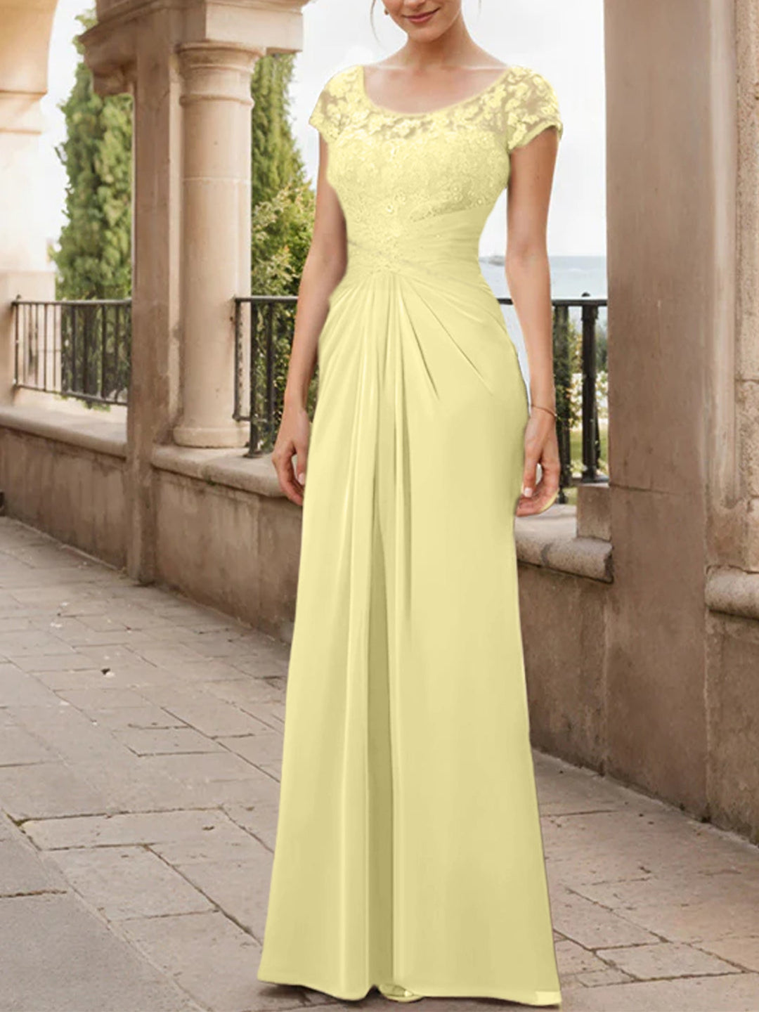 Robe de Mère de la Mariée en Mousseline de Soie, Longueur Au Sol, Fourreau/Colonne, avec Volants en Dentelle