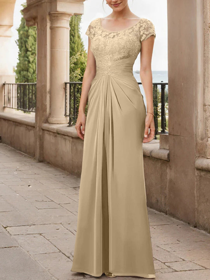Robe de Mère de la Mariée en Mousseline de Soie, Longueur Au Sol, Fourreau/Colonne, avec Volants en Dentelle