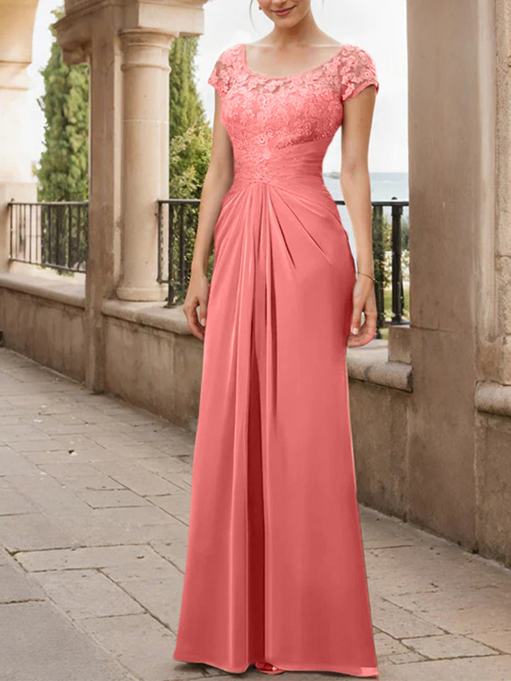 Robe de Mère de la Mariée en Mousseline de Soie, Longueur Au Sol, Fourreau/Colonne, avec Volants en Dentelle