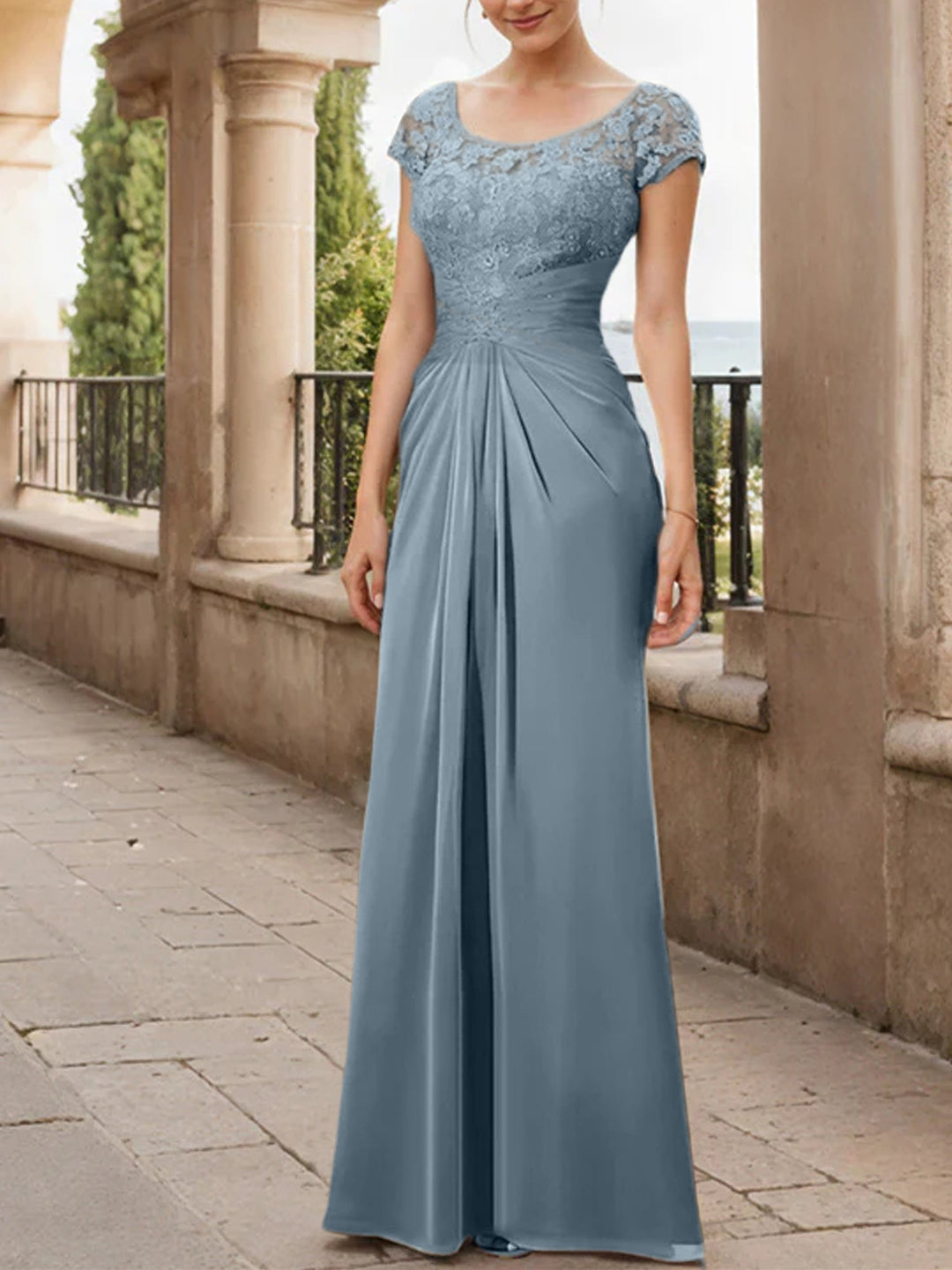 Robe de Mère de la Mariée en Mousseline de Soie, Longueur Au Sol, Fourreau/Colonne, avec Volants en Dentelle