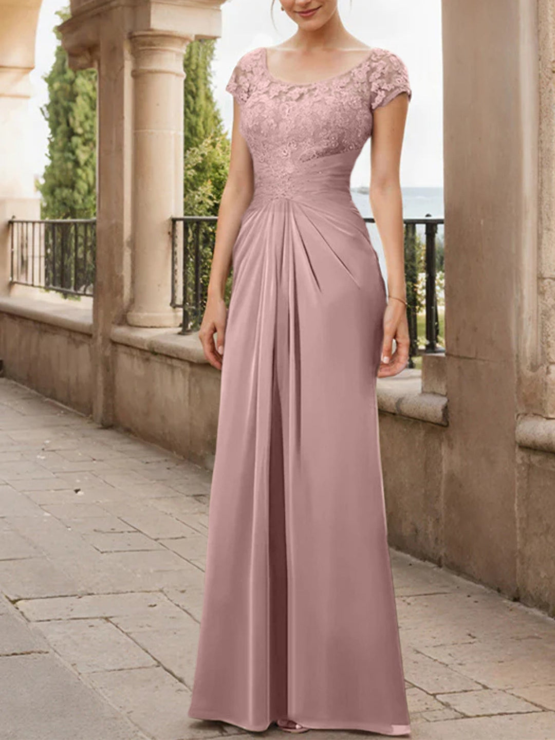 Robe de Mère de la Mariée en Mousseline de Soie, Longueur Au Sol, Fourreau/Colonne, avec Volants en Dentelle