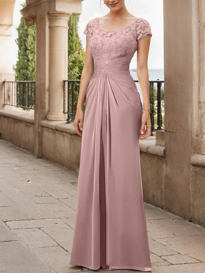 Robe de Mère de la Mariée en Mousseline de Soie, Longueur Au Sol, Fourreau/Colonne, avec Volants en Dentelle