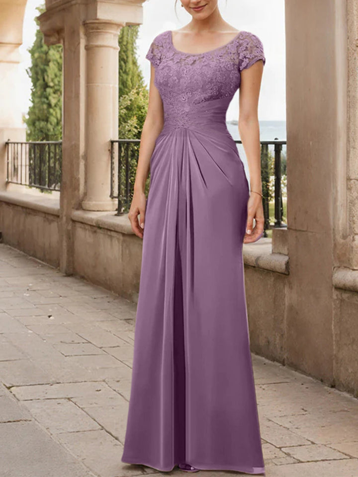 Robe de Mère de la Mariée en Mousseline de Soie, Longueur Au Sol, Fourreau/Colonne, avec Volants en Dentelle