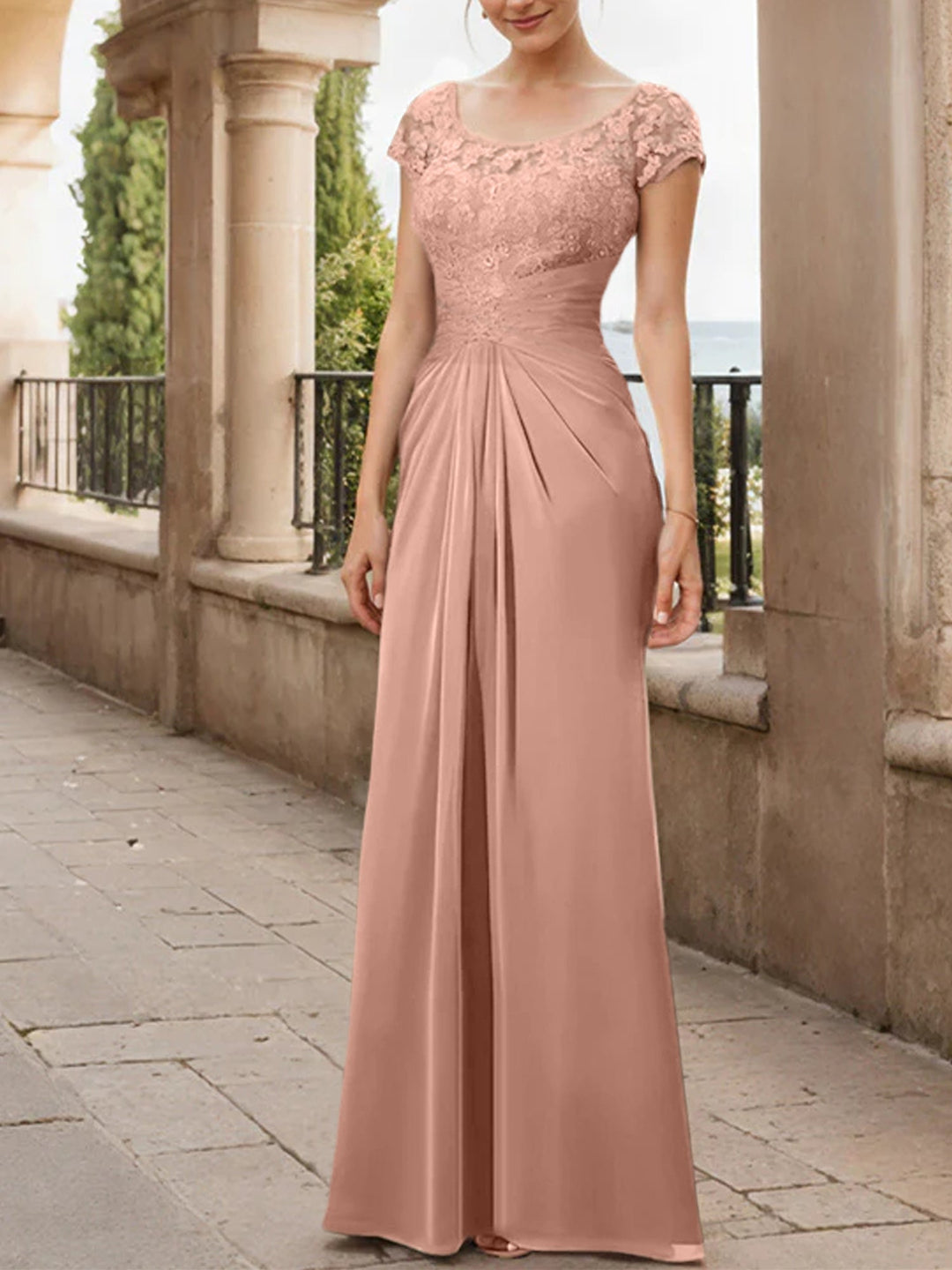 Robe de Mère de la Mariée en Mousseline de Soie, Longueur Au Sol, Fourreau/Colonne, avec Volants en Dentelle