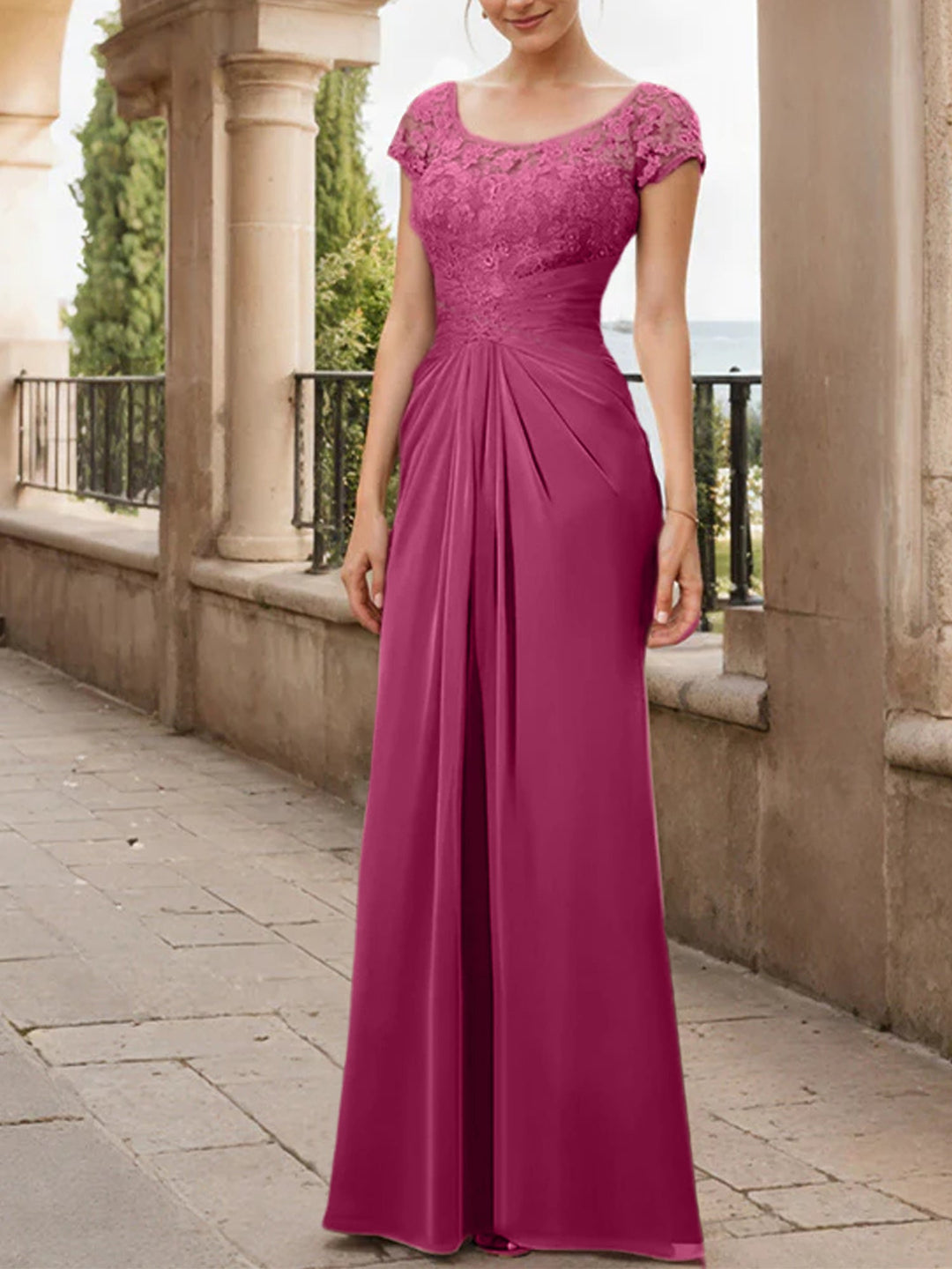 Robe de Mère de la Mariée en Mousseline de Soie, Longueur Au Sol, Fourreau/Colonne, avec Volants en Dentelle