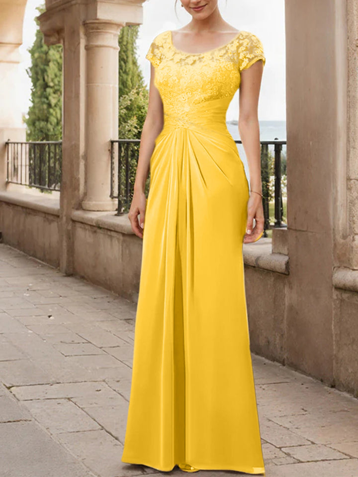 Robe de Mère de la Mariée en Mousseline de Soie, Longueur Au Sol, Fourreau/Colonne, avec Volants en Dentelle