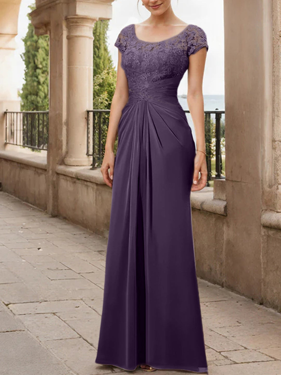 Robe de Mère de la Mariée en Mousseline de Soie, Longueur Au Sol, Fourreau/Colonne, avec Volants en Dentelle