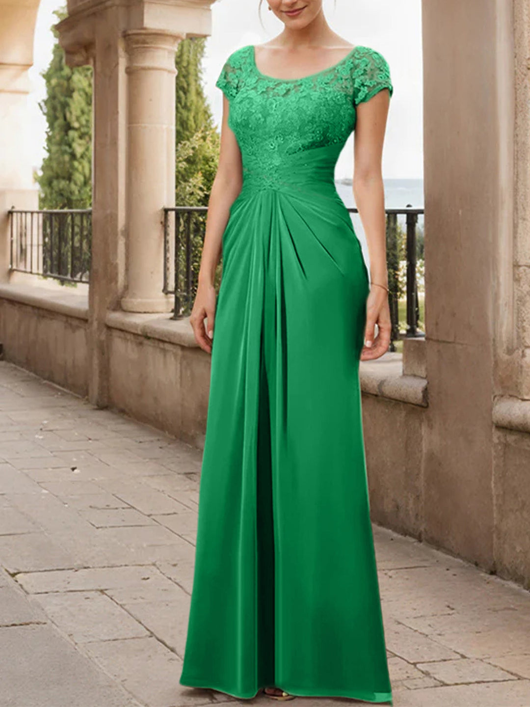 Robe de Mère de la Mariée en Mousseline de Soie, Longueur Au Sol, Fourreau/Colonne, avec Volants en Dentelle