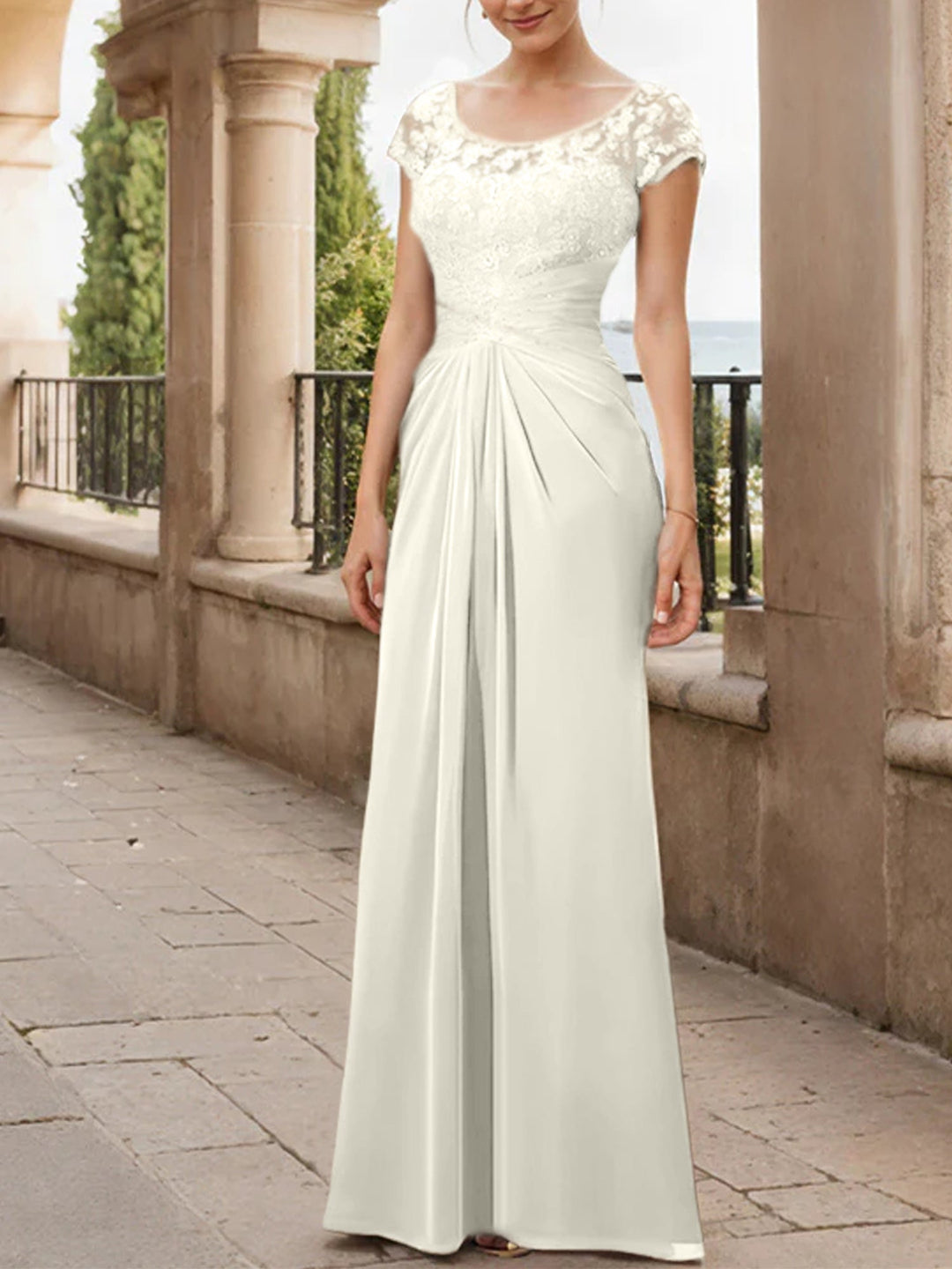 Robe de Mère de la Mariée en Mousseline de Soie, Longueur Au Sol, Fourreau/Colonne, avec Volants en Dentelle