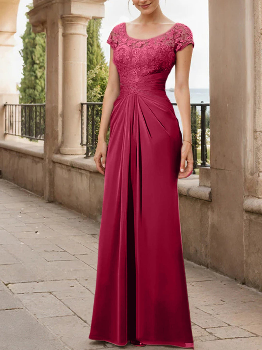Robe de Mère de la Mariée en Mousseline de Soie, Longueur Au Sol, Fourreau/Colonne, avec Volants en Dentelle