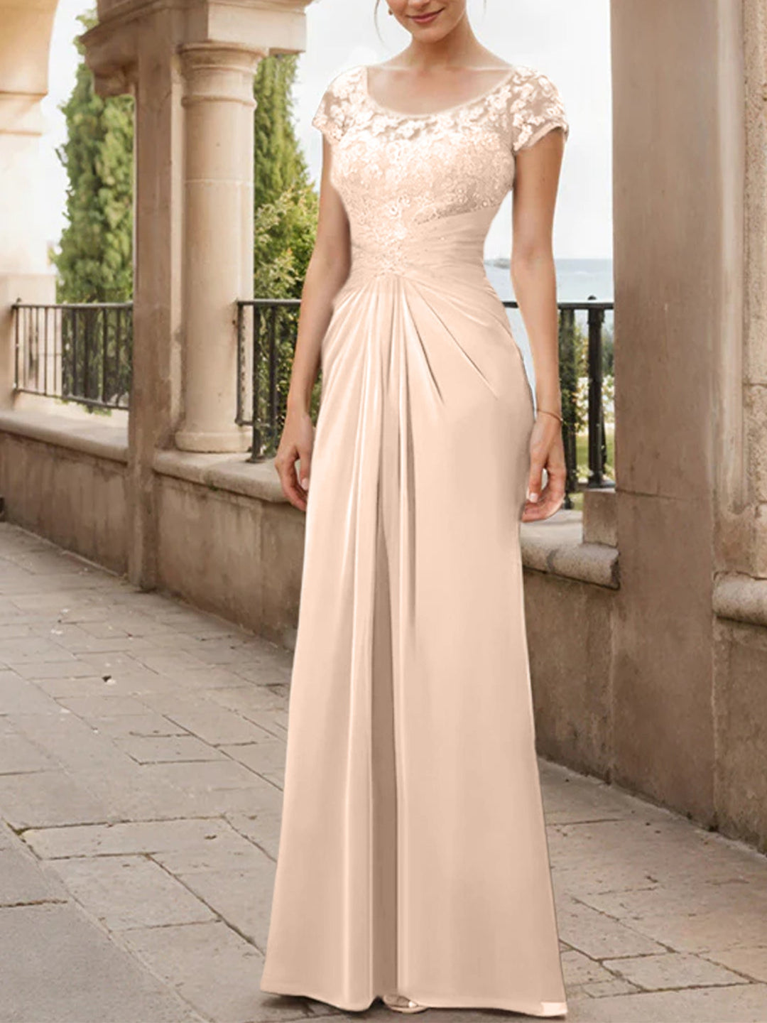 Robe de Mère de la Mariée en Mousseline de Soie, Longueur Au Sol, Fourreau/Colonne, avec Volants en Dentelle