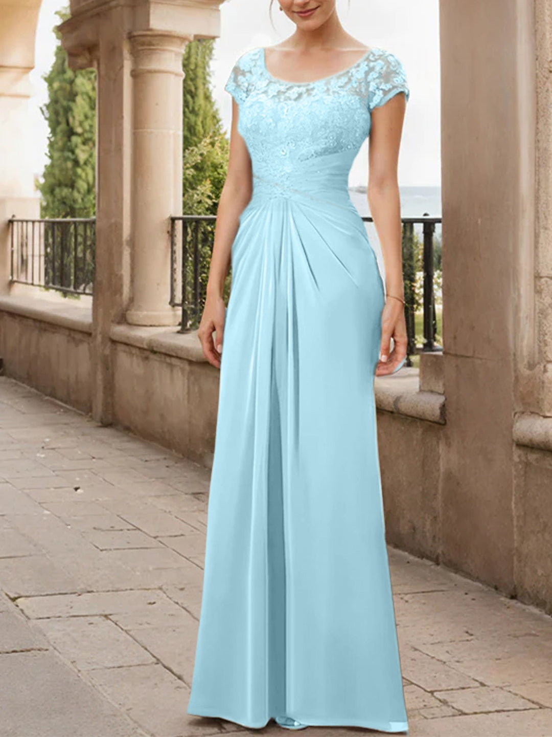Robe de Mère de la Mariée en Mousseline de Soie, Longueur Au Sol, Fourreau/Colonne, avec Volants en Dentelle