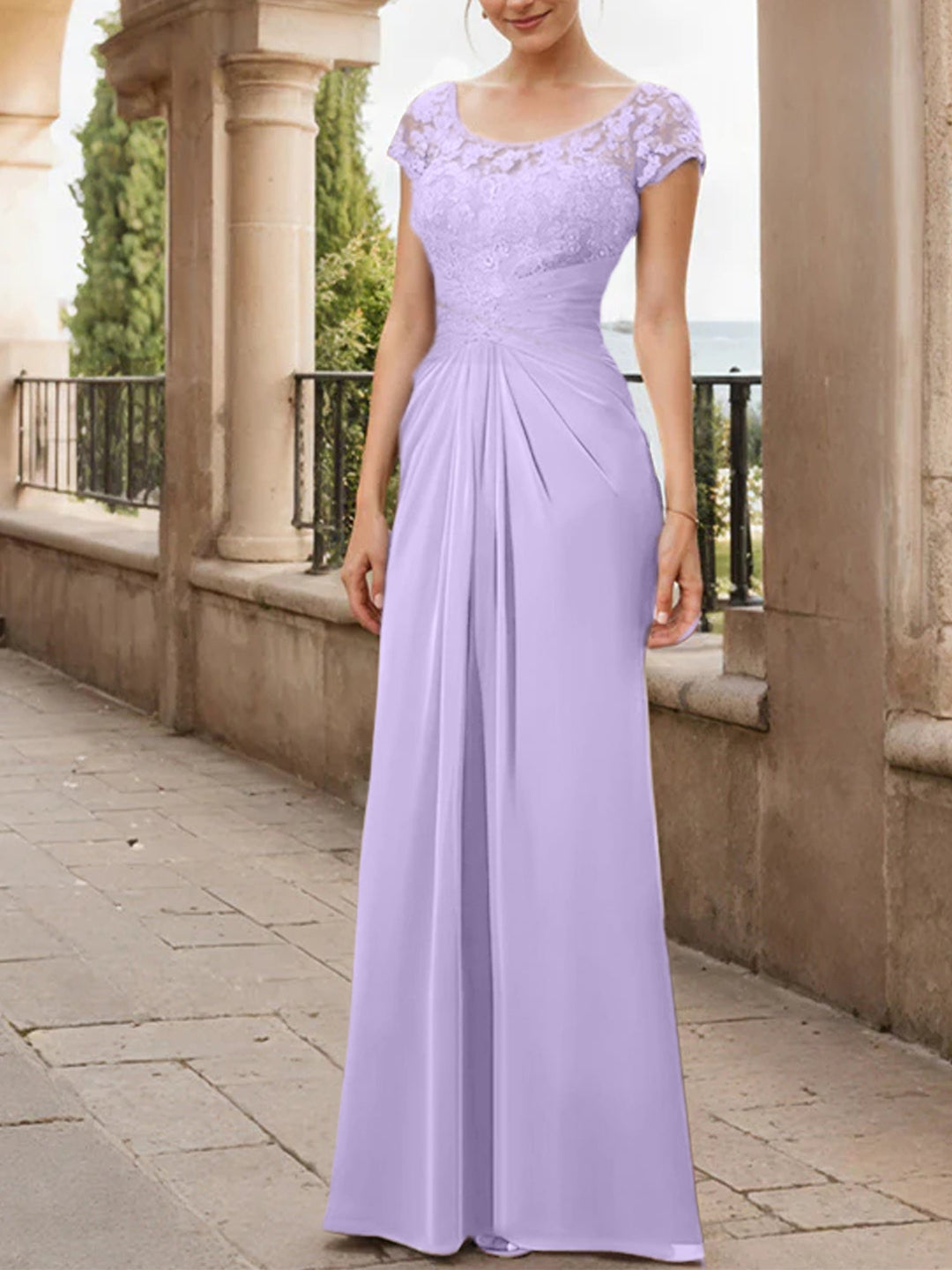 Robe de Mère de la Mariée en Mousseline de Soie, Longueur Au Sol, Fourreau/Colonne, avec Volants en Dentelle