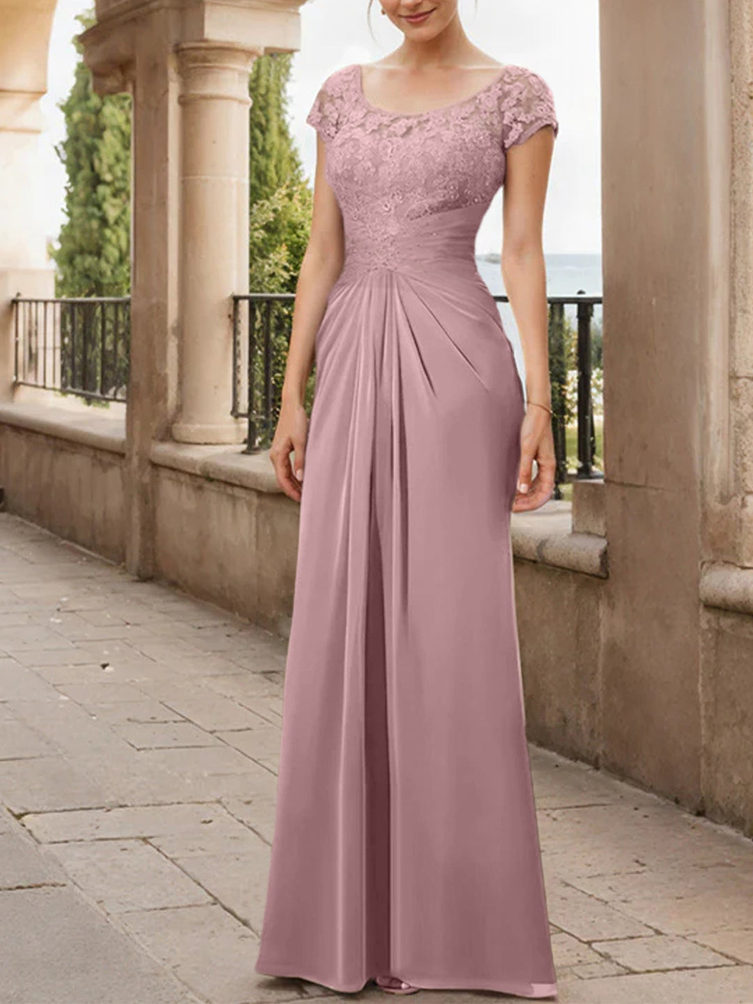 Robe de Mère de la Mariée en Mousseline de Soie, Longueur Au Sol, Fourreau/Colonne, avec Volants en Dentelle