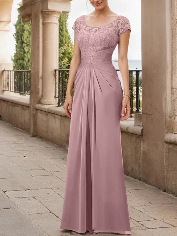 Robe de Mère de la Mariée en Mousseline de Soie, Longueur Au Sol, Fourreau/Colonne, avec Volants en Dentelle