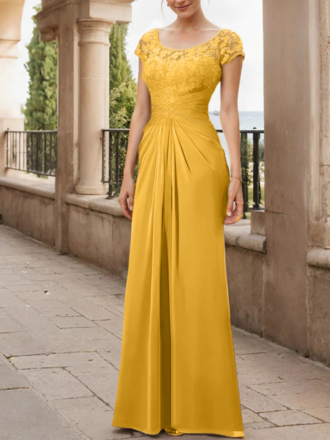 Robe de Mère de la Mariée en Mousseline de Soie, Longueur Au Sol, Fourreau/Colonne, avec Volants en Dentelle