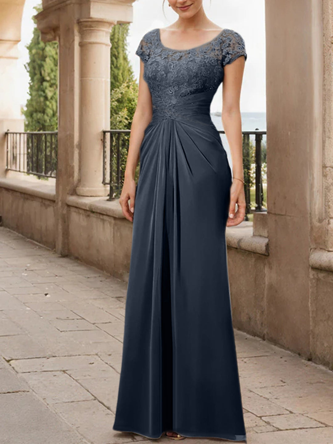 Robe de Mère de la Mariée en Mousseline de Soie, Longueur Au Sol, Fourreau/Colonne, avec Volants en Dentelle