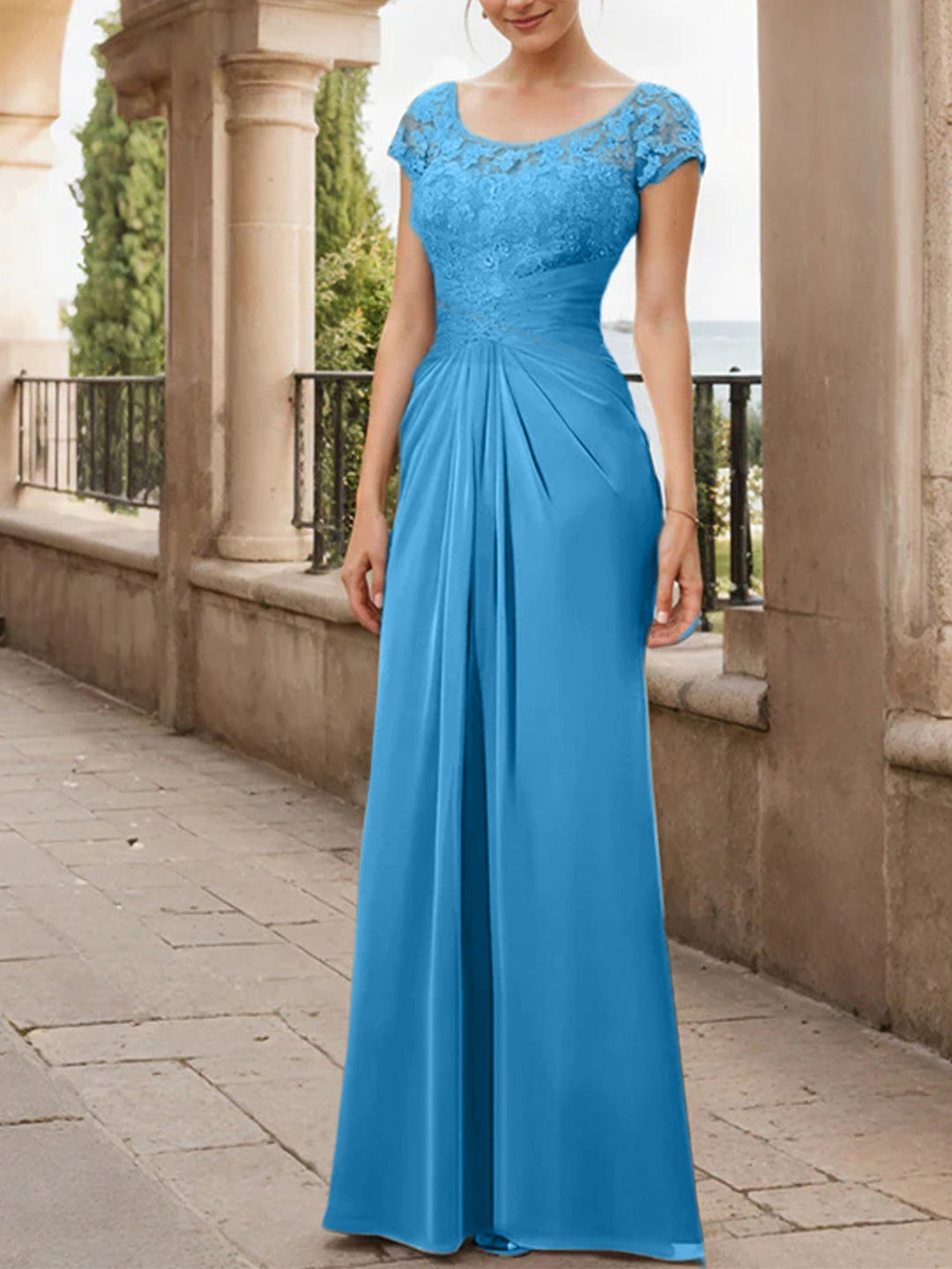Robe de Mère de la Mariée en Mousseline de Soie, Longueur Au Sol, Fourreau/Colonne, avec Volants en Dentelle