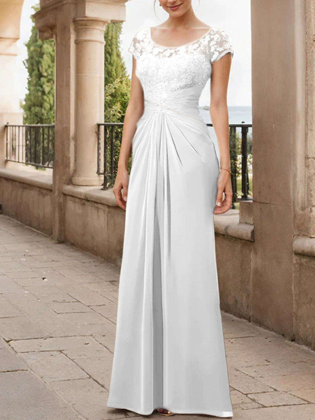Robe de Mère de la Mariée en Mousseline de Soie, Longueur Au Sol, Fourreau/Colonne, avec Volants en Dentelle