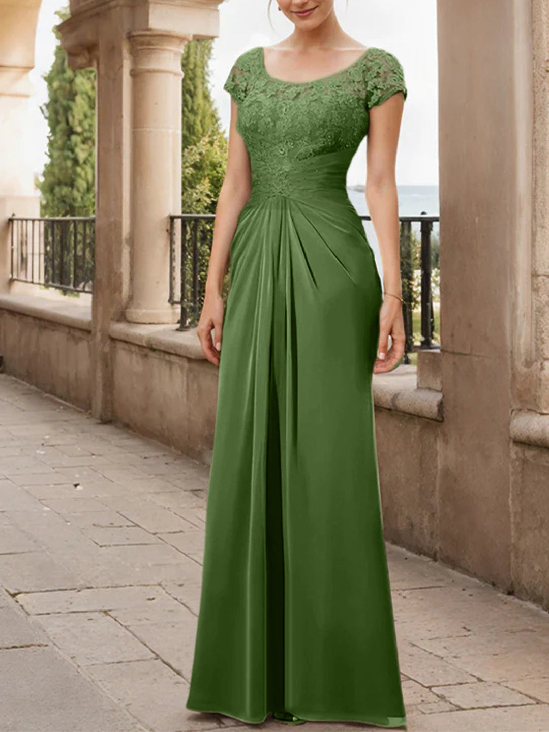 Robe de Mère de la Mariée en Mousseline de Soie, Longueur Au Sol, Fourreau/Colonne, avec Volants en Dentelle